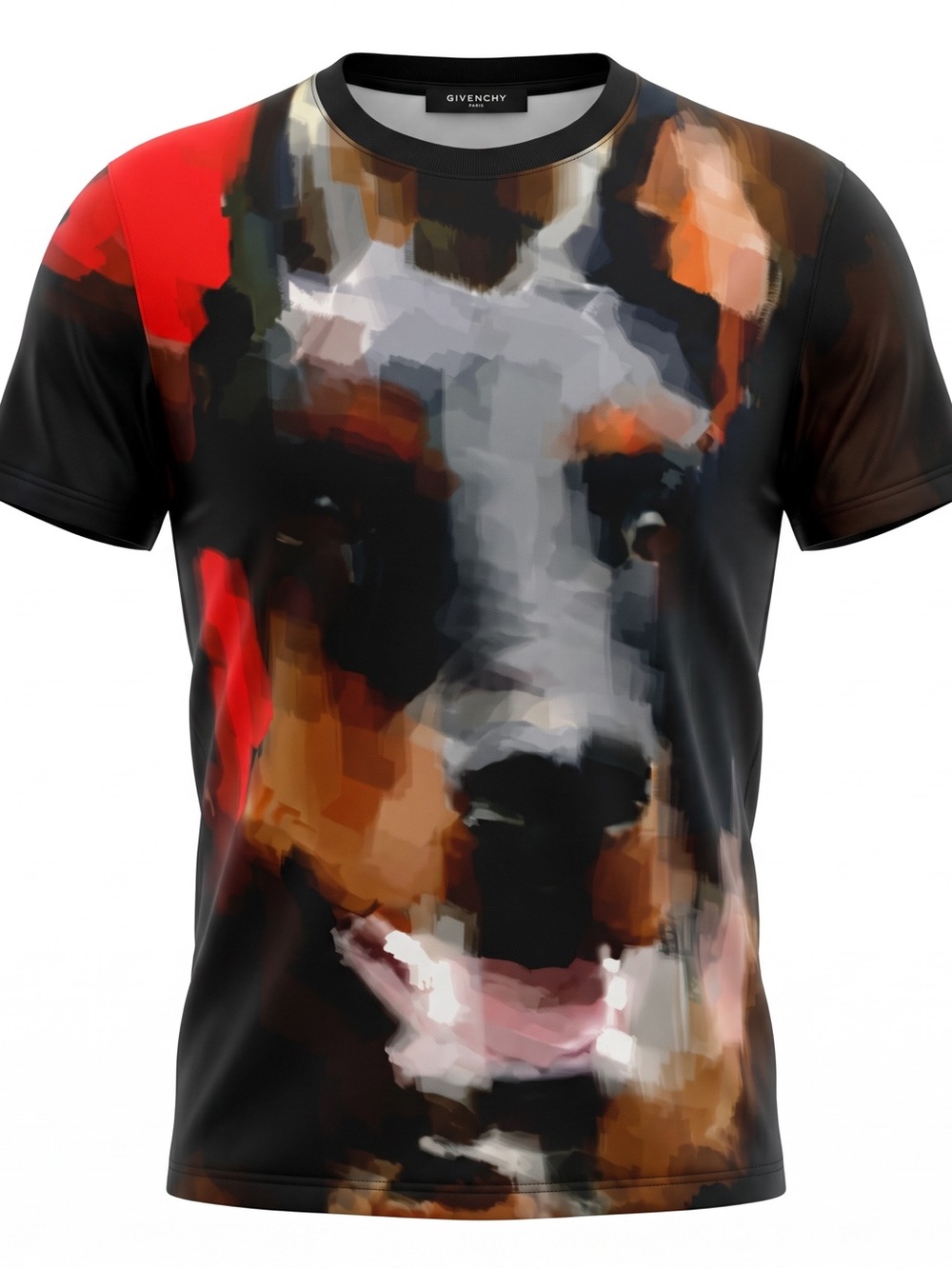 Givenchy Black Graphic Doberman Portrait Tee with Red Accents
